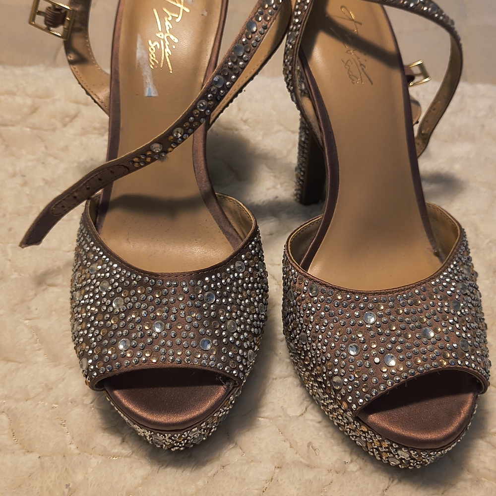 Brown Heeled Sandals with Rhinestones
